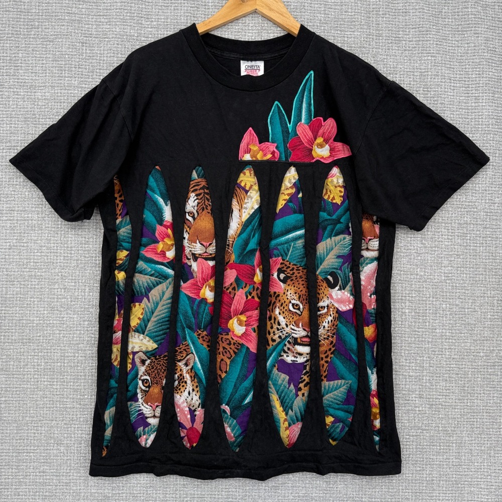 Oneita Vtg 90s‎ Graphic T-Shirt Leopard Floral Print Made in USA XL Handmade